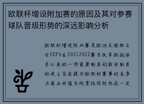 欧联杯增设附加赛的原因及其对参赛球队晋级形势的深远影响分析